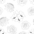 Rose, Chrysanthemum, Carnation, Peony and Amaryllis Flower Background Outline. Seamless Vector Illustration