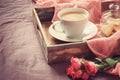 Rose, coffee and cookies in the shape of a heart. tinted. copy s