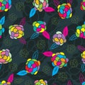 Rose colorful line art dark seamless pattern Royalty Free Stock Photo