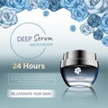 Rose cosmetic ads, droplet and 3d bottle in blue sea with burst light in 3d illustration, purple roses