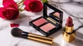 Luxury Cosmetics Lipstick, Blush Palette Brush with Red Roses on Marble Royalty Free Stock Photo