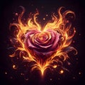 Rose engulfed in heart shaped flames, with intricate petals.