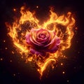 Rose engulfed in heart shaped flames, with intricate petals.