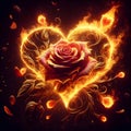 Rose engulfed in heart shaped flames, with intricate petals.