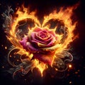 Rose engulfed in heart shaped flames, with intricate petals.