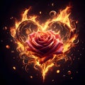 Rose engulfed in heart shaped flames, with intricate petals.