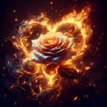 Rose engulfed in heart shaped flames, with intricate petals.
