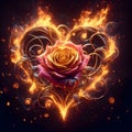 Rose engulfed in heart shaped flames, with intricate petals.