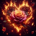 Rose engulfed in heart shaped flames, with intricate petals.