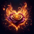 Rose engulfed in heart shaped flames, with intricate petals.