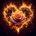 Rose engulfed in heart shaped flames, with intricate petals.