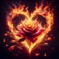 Rose engulfed in heart shaped flames, with intricate petals.