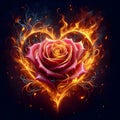 Rose engulfed in heart shaped flames, with intricate petals.