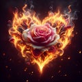 Rose engulfed in heart shaped flames, with intricate petals.