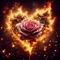 Rose engulfed in heart shaped flames, with intricate petals.