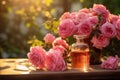 rose essential oil bottles and flowers in garden, rose harvesting, extraction absolute production, Generative AI