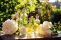 rose essential oil bottles and flowers in garden, rose harvesting, extraction absolute production, Generative AI