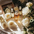 rose essential oil bottles and flowers, harvesting, extraction absolute production, Generative AI