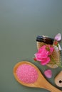 Rose essential oil and cosmetics salt with rose extract. Glass bottles,rose flowers and cosmetics salt on green Royalty Free Stock Photo