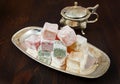 Rose flavoured Turkish delight in traditional silver bowl Royalty Free Stock Photo