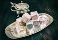 Rose flavoured Turkish delight in traditional silver bowl Royalty Free Stock Photo