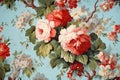Rose floral wallpaper vintage pattern flower textile seamless leaf nature blue Royalty Free Stock Photo