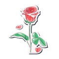 Rose flower. Abstract, stylized, cartoonish drawing drawn in one line. Color. Sticker. Vector illustration