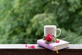 A rose flower, a book and a cup of coffee. Still life on the windowsill