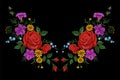 Rose flower embroidery texture patch. Red field flower herb textile print neckline traditional decoration ornate illustrati