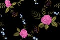 Rose flower embroidery texture seamless pattern. Red field flower herb textile print neckline traditional decoration ornate