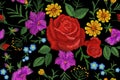 Rose flower embroidery texture seamless pattern. Red field flower herb textile print neckline traditional decoration ornate