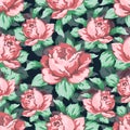 Rose flower hand drawing seamless pattern, vector floral background, floral embroidery ornament. Drawn buds pink rose Royalty Free Stock Photo