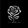 Rose flower logo template, white icon of blossom rose petals silhouette on black background, boutique logotype concept Royalty Free Stock Photo