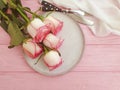 Rose flower, plate on wooden background rustic Royalty Free Stock Photo