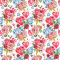 Rose flower and red heart seamless pattern. Diamond crystal luxury background. Royalty Free Stock Photo