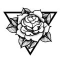 Rose flower with sacred geometry frame.Tattoo, mystic symbol.