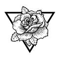 Rose flower with sacred geometry frame.Tattoo, mystic symbol.