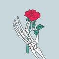 Rose flower in skeleton hand. Vector. Royalty Free Stock Photo