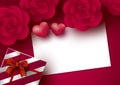 Rose flowers and blank white paper card with heart on red background for valentine`s day Royalty Free Stock Photo