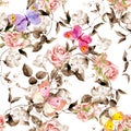 Rose flowers and butterflies. Delicate watercolor. Spacial seamless pattern in monochrome black, white colors Royalty Free Stock Photo