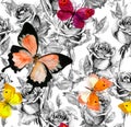 Rose Flowers, Butterflies. Vintage Watercolor. Repeating Pattern In Neutral Colors