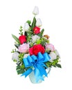 Rose flowers colorful bouquet with blue ribbon bow in vase gift isolated on white background , clipping path Royalty Free Stock Photo