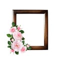 Rose flowers in a corner arrangement on brown wooden frame Royalty Free Stock Photo