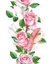 Rose flowers and feathers frame. Seamless repeating floral border. Watercolour