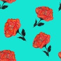 Rose flowers handmade gouache, oil paint seamless pattern gentle. Turquoise Background for web pages, wedding invitations, save