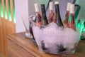 Rose flowers ice cooled sparkling wine and champagne bottle in bucket on a party unlabeled textspace Royalty Free Stock Photo