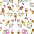 Rose Flowers Ice Cream Cone Seamless Pattern Fabric Wallpaper Background Watercolor by Hand Royalty Free Stock Photo