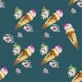 Rose Flowers Ice Cream Cone Seamless Pattern Fabric Wallpaper Background Watercolor by Hand Royalty Free Stock Photo