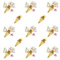 Rose Flowers Ice Cream Cone Seamless Pattern Fabric Wallpaper Background Watercolor by Hand Royalty Free Stock Photo