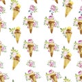 Rose Flowers Ice Cream Cone Seamless Pattern Fabric Wallpaper Background Watercolor by Hand Royalty Free Stock Photo